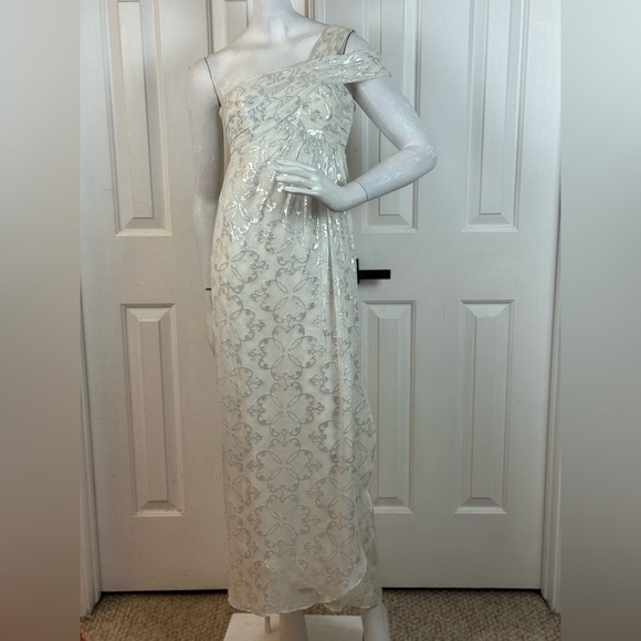 Nicole Miller Silk One Shoulder Dress Maxi 10 Long Foil Silver White Gown Size 2 - Picture 1 of 16